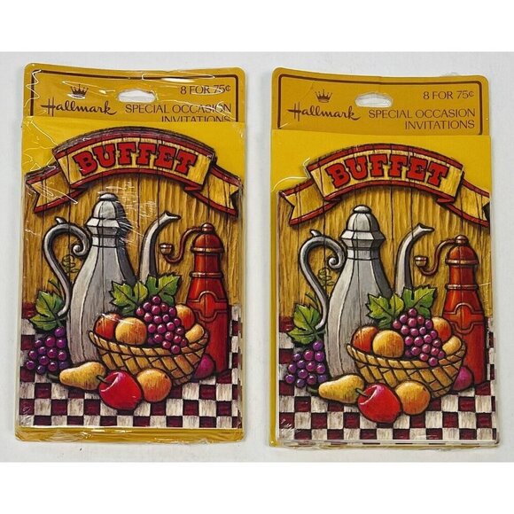 2x VTG 1970s 8pk (16 Total) HALLMARK Buffet Party INVITATIONS Fruit Basket NIP - Picture 1 of 6